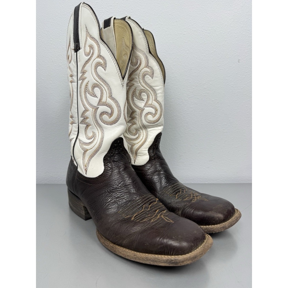 Hondo Boots Mens 9.5 D Brown Chocolate Leather White Square Toe Western Rodeo